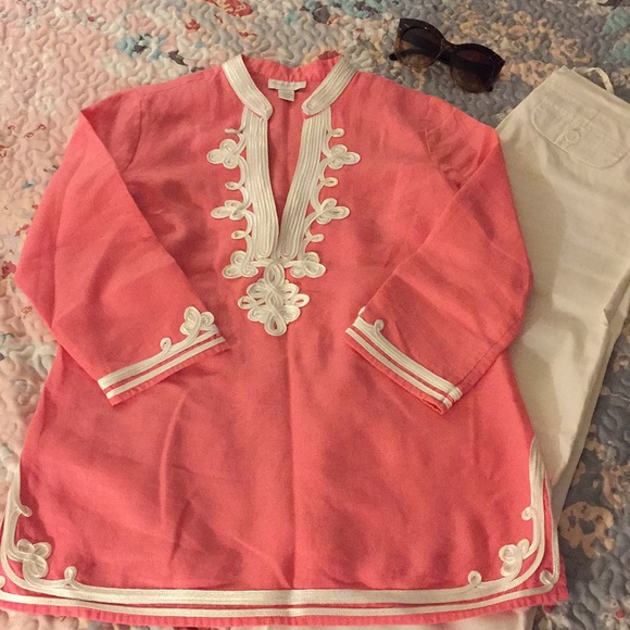 Charter Club embroidered coral linen tunic top - Picture 1 of 6